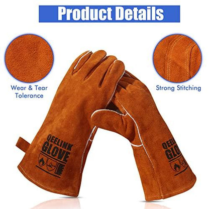 QeeLink Welding Gloves - Heat & Wear Resistant Lined Leather and Fireproof Stitching - For Welders/Fireplace/BBQ/Gardening (14-inch, Brown) - CookCave