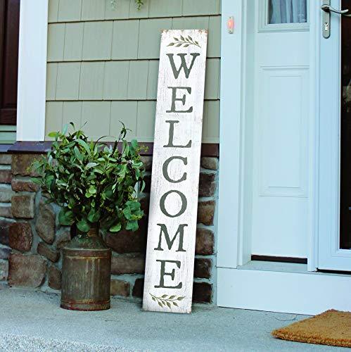 My Word! Welcome White W/Sprig Welcome Sign and porch leaner for Front Door, Porch, Yard, Deck, Patio, or Wall - Indoor Outdoor Decorative Farmhouse Rustic Vertical Home Decor – 8”x46.5” - CookCave