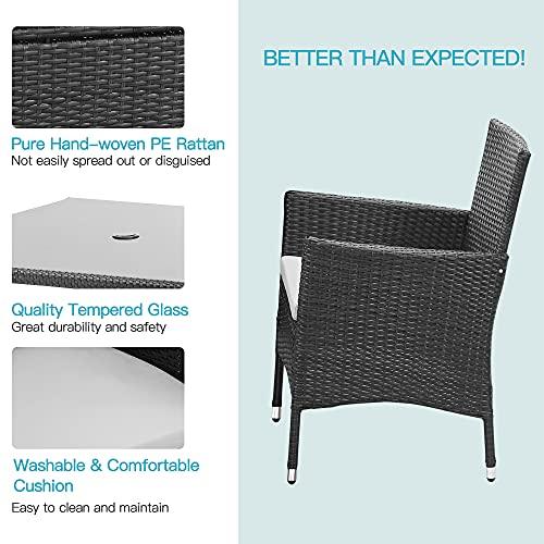 Solaste 5 Piece Patio Dining Sets, Patio Table and Chairs for 4 with Cushions, Wicker Outdoor Dining Set w/Square Tempered Glass Tabletop with Umbrella Hole, for Backyard, Balcony, Porch, Grey - CookCave