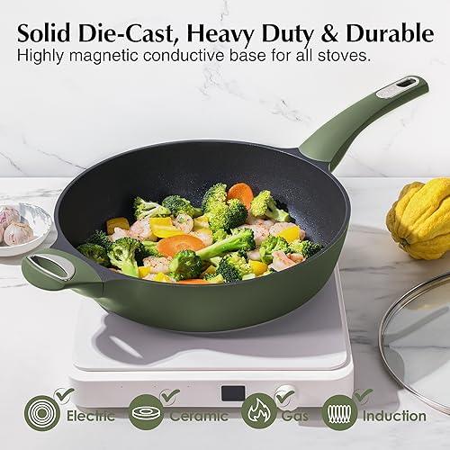 SENSARTE 12 Inch Nonstick Deep Frying Pan, 5Qt Non Stick Saute Pan with Lid, Large Skillet with Helper Handle, Diamond&Titanium Scratch Resistant, Induction Compatible, PFOA PFOS APEO Free, Sage - CookCave