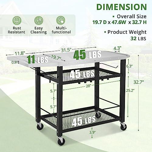 LUE BONA 43.3"W x 19.7"D Outdoor Grill Cart Table with Foldable Side Table, Movable Pizza Oven Stand for Outside Patio, Three-Shelf Stainless Steel Flattop Outdoor Cooking Prep Table with Wheels - CookCave