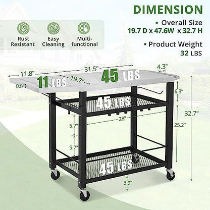 LUE BONA 43.3"W x 19.7"D Outdoor Grill Cart Table with Foldable Side Table, Movable Pizza Oven Stand for Outside Patio, Three-Shelf Stainless Steel Flattop Outdoor Cooking Prep Table with Wheels - CookCave