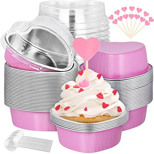 Fovths 60 Pack Valentine‘s Day Heart Shaped Cake Pans with Lids 3.4oz/100ml Disposable Valentine Baking Supplies Aluminum Foil Heart Pans with Spoon Heart Topper for Valentine Mother's Day Party, Pink - CookCave