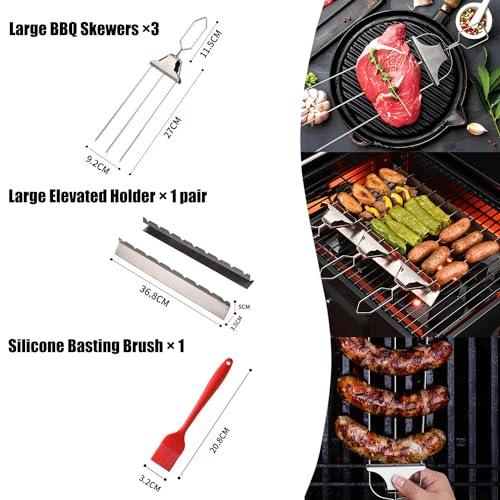 Leqsdijk BBQ Accessories Grilling Tools, 3 Three-Headed Stainless Steel BBQ Skewers Meat Forks + Large Stainless Steel Elevated Holder + Silicone Basting Brush + Meat Smoking Guide, Barbecue Enthusias - CookCave