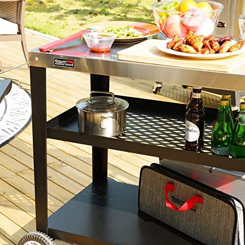 Royal Gourmet PC3404S Rolling Dining Table with Trash Bag Holder, Outdoor Garden Patio BBQ Kitchen Food Prep Cart, 30" L x 19" W Stainless Steel Tabletop, Silver & Black - CookCave