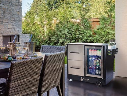 Mont Alpi MAPCL Outdoor Bar Patio Kitchen Island Table Mobile Barbecue Grill Bar Prep Cart Stand with Ceramic Top Counter + Wine Holder + Stainless Steel Cabinets + Refrigerator - CookCave