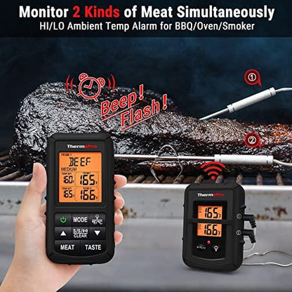 ThermoPro TP20B Black 500FT Wireless Meat Thermometer with Dual Meat Probe, Digital Cooking Food Meat Thermometer Wireless for Smoker BBQ Grill Thermometer, NSF Certified - CookCave