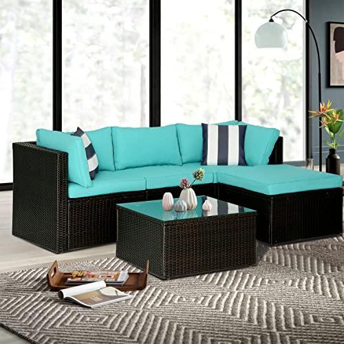 5 Pieces Rattan Patio Furniture Sets Modular Outdoor Conversation Sofa Set All Weather Wicker Sectional Sofa with 2 Corner Chair Armless Chair Ottoman Chair Glass Table 2 Pillow,Blue Cushion - CookCave