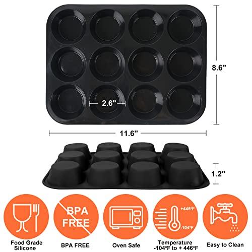 Inn Diary Silicone Muffin Pan for Baking 12 Cups Non-Stick Cupcake Pan,BPA Free Silicone Baking Mold for Muffin Cupcake Egg Bite Maker 2 Pack,Black - CookCave