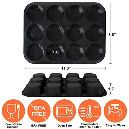 Inn Diary Silicone Muffin Pan for Baking 12 Cups Non-Stick Cupcake Pan,BPA Free Silicone Baking Mold for Muffin Cupcake Egg Bite Maker 2 Pack,Black - CookCave