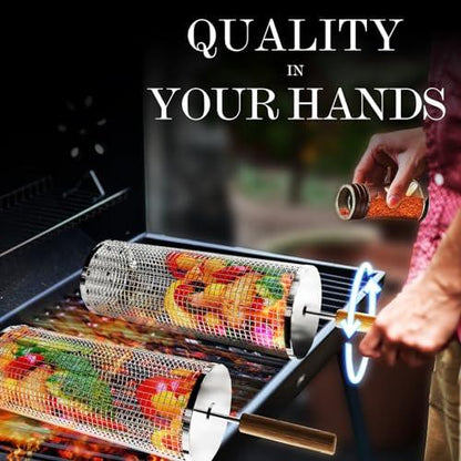 Ivtivfu 2PCS Nesting Grill Baskets with Handle (11.2" x 3.9") Grilling Tools, Barbecue Accessories, Rolling Grilling Basket for Outdoor Grill, Vegetable Shrimp Chicken, 304 Stainless Steel - CookCave
