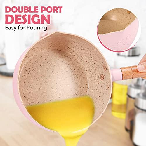 2.1 Quart Saucepan Set with Lid, Nonstick Aluminum Sauce Pot, Induction Compatible Small Cooking Pots with Silicone Spatulas for Milk, Soup, Pasta, Egg, Rice (PINK) - CookCave