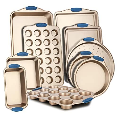 NutriChefKitchen 10-Piece Nonstick Bakeware Set - PTFE-Free Carbon Steel Baking Trays w/Heatsafe Blue Silicone Handles, Oven Safe Up to 450°F, Pizza Loaf Muffin Round/Square Pans, Cookie Sheets,Gold - CookCave