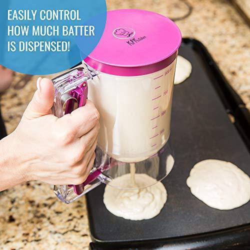 KPKitchen Pancake Batter Dispenser - Kitchen Must Have Tool for Perfect Pancakes, Cupcake, Waffle, Muffin Mix, Cake & Crepe - Easy Pour Baking Supplies for Griddle - Pancake Maker with Measuring Label - CookCave