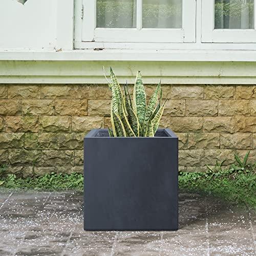 Kante 10 Inch Square Concrete Planter for Outdoor Indoor Home Patio Garden, Large Plant Pot with Drainage Hole and Rubber Plug, Charcoal - CookCave