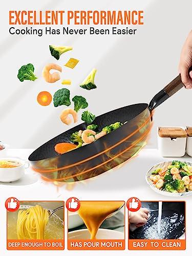 BrBrGo Carbon Steel Wok Pan, 5 Piece Authentic Chinese Wok & Stir-Fry Pans Set with Wooden Lid, No Chemical Coated Flat Bottom Chinese Woks Pan for All Stoves-13“ - CookCave
