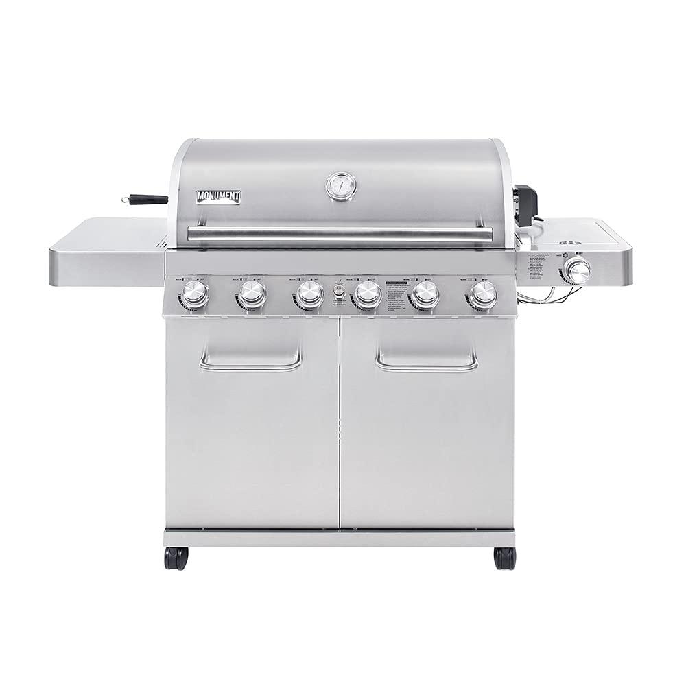 Monument Grills 77352 6-Burner Stainless Steel Cabinet Style Propane Gas Grill with LED Controls, Side Burner, Built in Thermometer, and Rotisserie Kit - CookCave