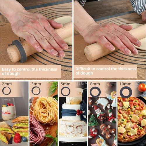 Adjustable Wood Rolling Pin with Thickness Rings for Baking -Non Stick Wooden Dough Roller Pin with Spacer Bands for Cookie,Pie Crust, Pastry Fondant and Bread By Folksy Super Kitchen (15.8, Grey) - CookCave