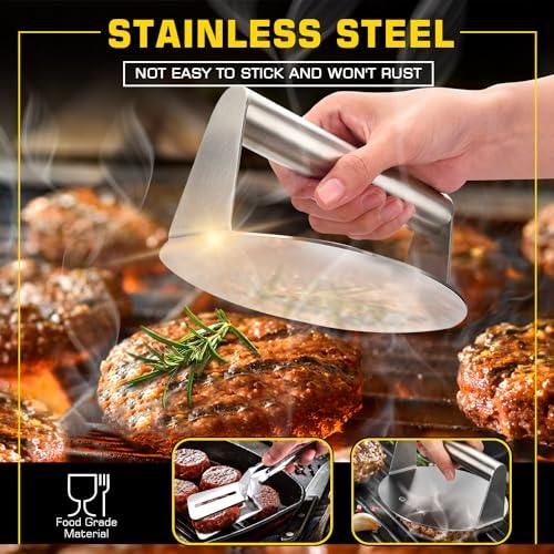 SSTOOHL Smash Burger Press Kit, Burger Smasher for Griddle with Burger Spatula, Griddle Accessories Kit for Flat Griddle, Stainless Steel Hamburger Press & BBQ Tong, Grilling Cooking Gift - CookCave