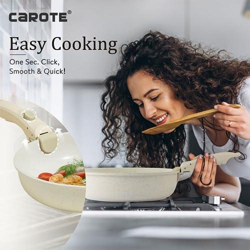 CAROTE 11pcs Pots and Pans Set, Nonstick Cookware Sets Detachable Handle, Induction RV Kitchen Set Removable Handle, Oven Safe, Cream White - CookCave