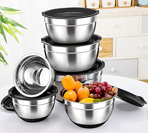 TeamFar Mixing Bowls, Black Mixing Bowls with Lids Set, Stainless Steel Nesting Salad Bowl with Air-tight Lid & Silicone Bottom, Non Slip & Stackable - Set of 6-4.6/2.6/2 / 1.5/1 / 0.7 Qt - CookCave