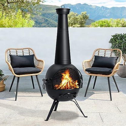 SINGLYFIRE Chiminea Fireplace Outdoor Prairie Fire Deck or Patio Backyard Wooden Fire Pit with Chiminea Cover Rust-Free Iron Black - CookCave