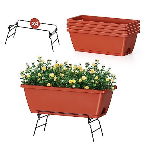 4 Pack 17 Inch Window Boxes Planters with Plant Stand, Flower Window Box with Drainage Tray Plastic Flower Herb Planters for Outdoor Indoor Plants, Boxes Planters with Metal Plant Stand for Patio - CookCave