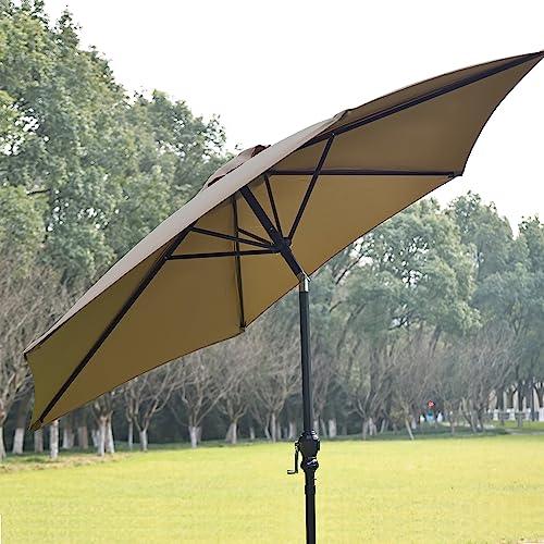 Elevon 9' Outdoor Patio Umbrella, Market Striped Umbrella with Push Button Tilt and Crank, Beige - CookCave