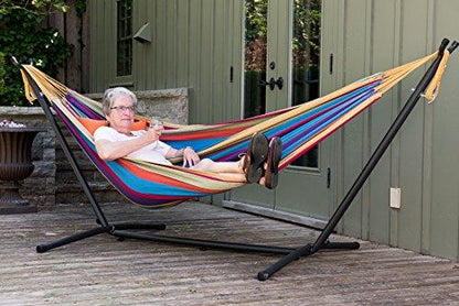 Vivere Double Cotton Hammock with Space Saving Steel Stand, Tropical (450 lb Capacity - Premium Carry Bag Included) - CookCave