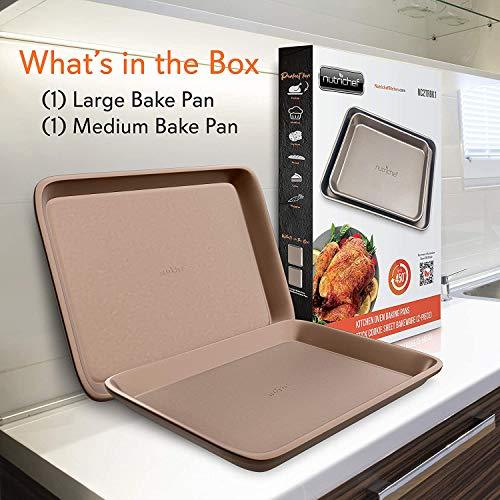 NutriChef Nonstick Cookie Sheet Baking Pan | 2pc Large and Medium Metal Oven Baking Tray - Professional Quality Kitchen Cooking Non-Stick Bake Trays w/Rimmed Borders, Guaranteed NOT to Wrap - CookCave