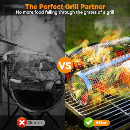 BBQ Grill Basket, Rolling Grilling Basket, Stainless Steel Grill Mesh Barbeque Grill Accessories, Portable Grill Baskets for Outdoor Grill for Fish, Shrimp, Meat, Vegetables, Fries (large size) - CookCave