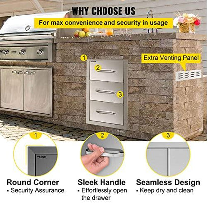 Mophorn 17W x 30H x 21D Inch Outdoor Kitchen Stainless Steel Double Access Drawers with Paper Towel Holder Combo for BBQ Island or Grill Station - CookCave