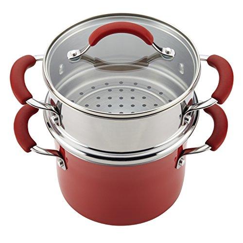 Rachael Ray Cucina Nonstick Sauce Pot/Saucepot with Steamer Insert and Lid, 3 Quart, Cranberry Red - CookCave