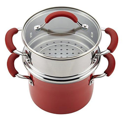 Rachael Ray Cucina Nonstick Sauce Pot/Saucepot with Steamer Insert and Lid, 3 Quart, Cranberry Red - CookCave