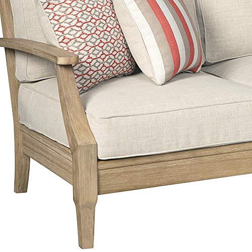 Signature Design by Ashley Clare View Coastal Outdoor Patio Eucalyptus Sofa with Cushions, Beige - CookCave