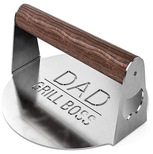 GALVANOX BBQ Press Grilling Gift for DAD The Grill Boss - Stainless Steel Smash Burger Press for Hamburger/Bacon with Wood Handle & Beer Opener (for Christmas, Birthday, Fathers Day) - CookCave
