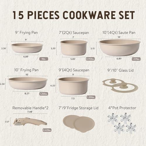 CAROTE 15pcs Pots and Pans Set, Nonstick Cookware Set Detachable Handle, Induction Kitchen Cookware Sets Non Stick with Removable Handle, RV Cookware Set, Oven Safe, Taupe - CookCave