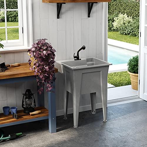 Utility Sink with One-Handle Matte Black Plastic Faucet – Polypropylene Laundry Sink, Grey Garage Sink, Indoor & Outdoor Use – Complete Sink Set by Noah William Home (24” X 22” X 34” 19.5 Gallons) - CookCave