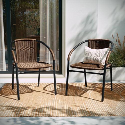 EMMA + OLIVER 2 Pack Medium Brown Rattan Indoor-Outdoor Restaurant Stack Chair - CookCave