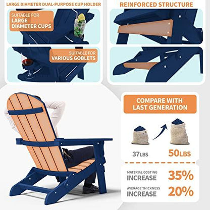 YEFU Adirondack Chair, Oversized Plastic Adirondack Chair Folding Outdoor Chairs with Cup Holder, Lawn Chair with Weather Resistant for Outside Deck Lawn, Weight Capacity Up to 400 Lbs –Dark Navy - CookCave