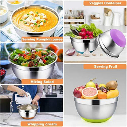 TeamFar Mixing Bowls, Mixing Bowls with Lids Set, Stainless Steel Large Metal Nesting Salad Bowl with Airtight Lid & Non-Slip Bottom, 7/3.5/3 / 2.5/1.5/1 / 0.7 QT, (Set of 7, Colorful) - CookCave