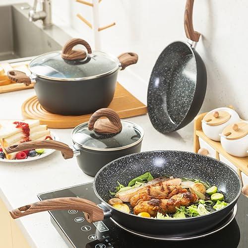 Vkoocy Pots and Pans Set Non Stick, Ceramic Cookware Set Kitchen Cooking Sets Induction Granite Pot and Pan w/Frying Pans, Saucepans, Casserole, Non-Toxic, PTFE/PFOA/PFOS-Free, Black - CookCave