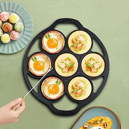 SUNSHNO Cast Iron Biscuit Pan Mini Cake Pan with Handles, Pre-Seasoned Baking Set 7 Cake Baking Tray Maker Pan for Biscuits, Bake Muffins, Cornbread and Scones, Include special steel fork and brush - CookCave