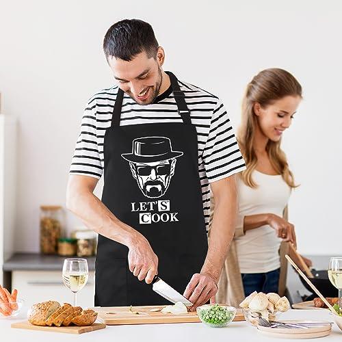 Kaidouma Funny Cooking Aprons for Men - Let’s Cook - Men's Black Funny Kitchen Chef Grilling BBQ Aprons with 2 Pockets - Birthday Father’s Day Christmas Gifts for Dad, Husband, Boyfriend, Movie Fans - CookCave