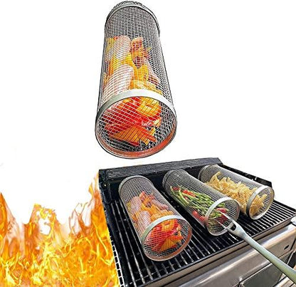 Rolling Grilling Basket, Stainless Steel BBQ Grill Basket, Outdoor Camping Barbecue Portable Roll Grill Basket, Suitable For Fish, Shrimp, Meat, Vegetables, French Fries (7.87 Inch) - CookCave