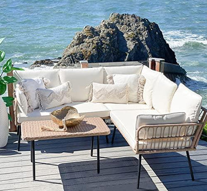 YITAHOME 4 Pieces Patio Furniture Set, Outdoor Rattan Woven Conversation Sectional L-Shaped Sofa with 5 Seater for Backyard, Porch, Boho Detachable Lounger with Cushions and Side Table - Beige - CookCave