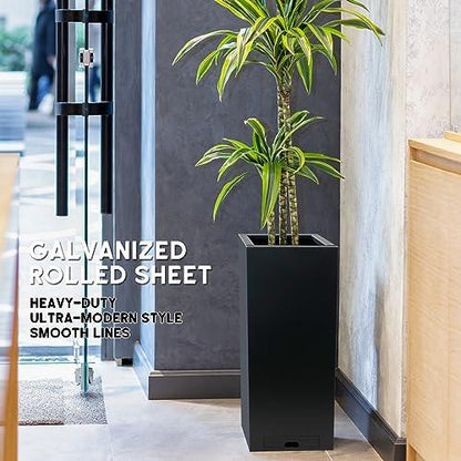 KOL Galvanized Steel Planter - 30" H. Black Powder Coated Rectangle Metal Planter Garden Box, Tall Heavy Duty Modern Flower Plant Pot - Indoor & Outdoor Commercial & Residential (12" Lx12 Wx30 H) - CookCave