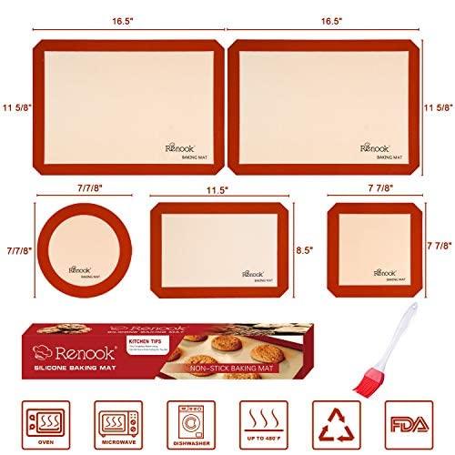 RENOOK Silicone Baking Mats Set of 5, BPA-free grade food baking mat, 100% Non-Stick Reusable Food Safe Liners & Silicone Brush- Macaron, Pastry, Cookie. - CookCave