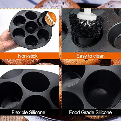 Silicone Muffin Cake Cups for Baking Muffin & Mini Cakes, 7 Cups Non-stick Egg Muffin Pan Cupcake Tin Tray Home DIY Round Dessert Baking Mould fits 3.5-5.8L Air Fryer (Black, 21cm/8inch) - CookCave