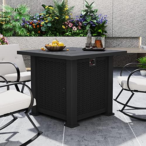 Greesum 28 Inch Outdoor Gas Fire Pit Table, 50,000 BTU Steel Propane Firepit with Lid and Lava Rock, Imitation Rattan Weave Texture, Add Warmth and Ambience to Parties On Patio Garden Backyard, Black - CookCave